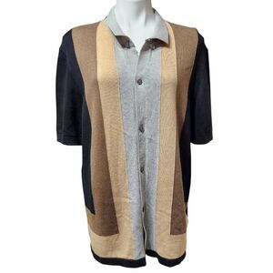 Express men's knit button front polo striped black tan gray XL